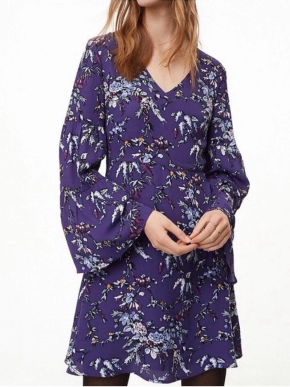 LOFT Petite Floral Bell Sleeve Dress – Purple Blue Boho Mini Dress – Size 2P